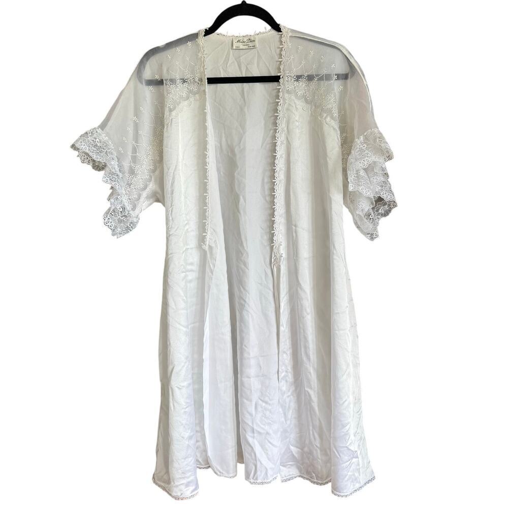 Vintage Miss Dior White Satin Sheer Lace Short Robe M Bridal Wedding Lingerie